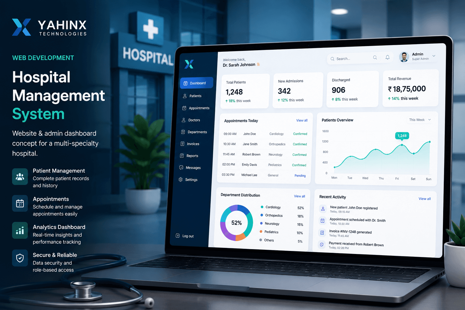 Hospital management system dashboard showing patient admissions on a laptop