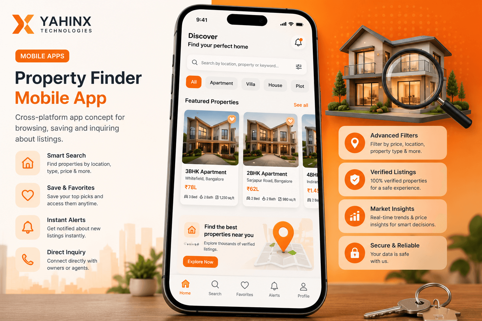 Property finder mobile app showing featured real estate listings